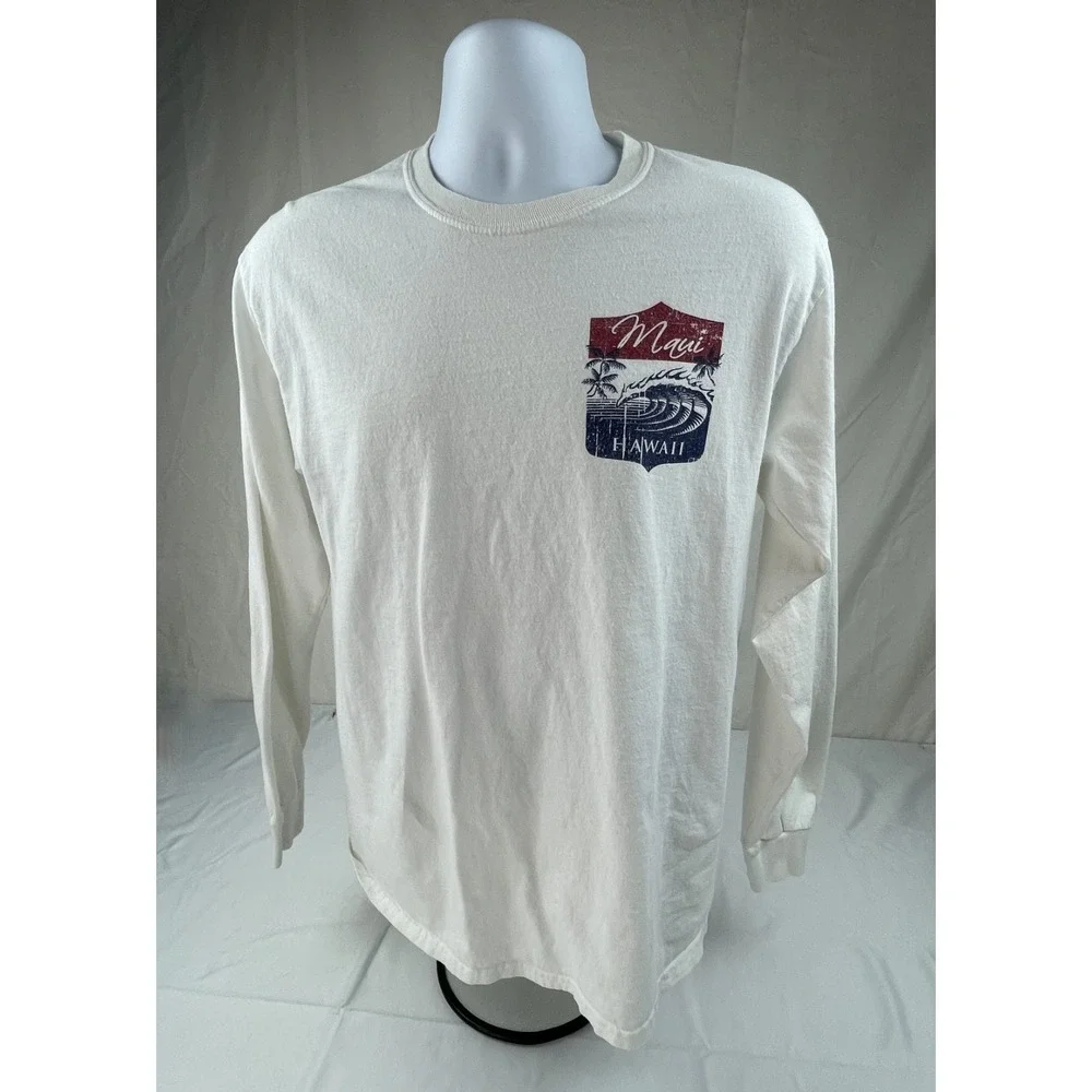 MAUI HAWAII LONG SLEEVE T SHIRT MENS MEDIUM WHITE GRAPHIC COTTON TEE